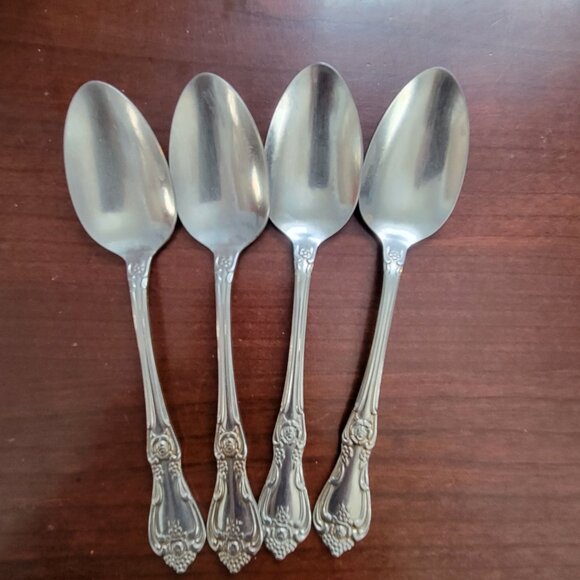 Rogers Oneida Vine & Flower Pattern Stainless Steel Teaspoons Set Of 4 Vintage S - Picture 1 of 4